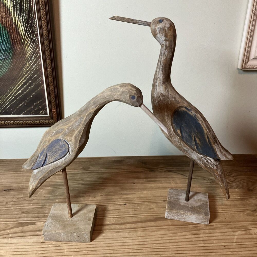 VTG Set Of 2 Carved Wood Shore Bird Figures On a Stand Folk Art Beach Home Decor